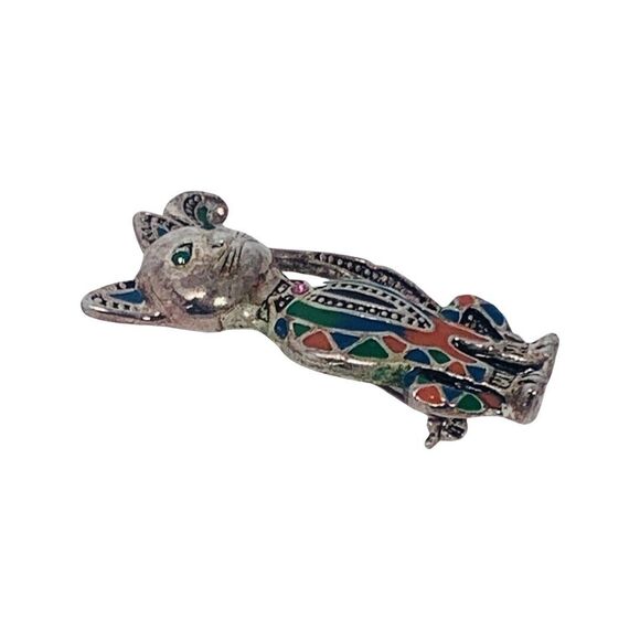 VTG Guilloche Siamese Cat Brooch Pin 2 1/8" Silver Tone Ethnic Multicolor - Picture 4 of 6
